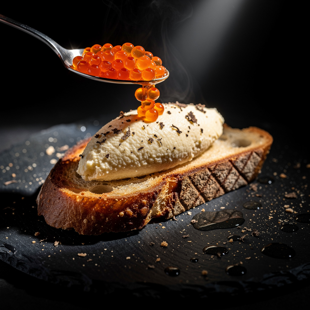 Montadito de brandade de bacalao trufada con huevas de trucha sobre pan de masa madre