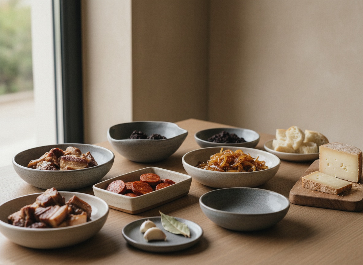Ingredientes de la pringá y la cebolla en cuencos de cerámica gris piedra vistos de lado sobre tabla de roble, con la profundidad de los cuencos y la pared del fondo a la vista.