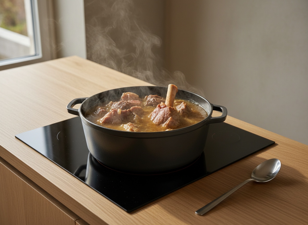 Olla con las carnes y el hueso de jamón cociendo lento en caldo apenas temblando, con vapor tenue y luz de día por la izquierda.