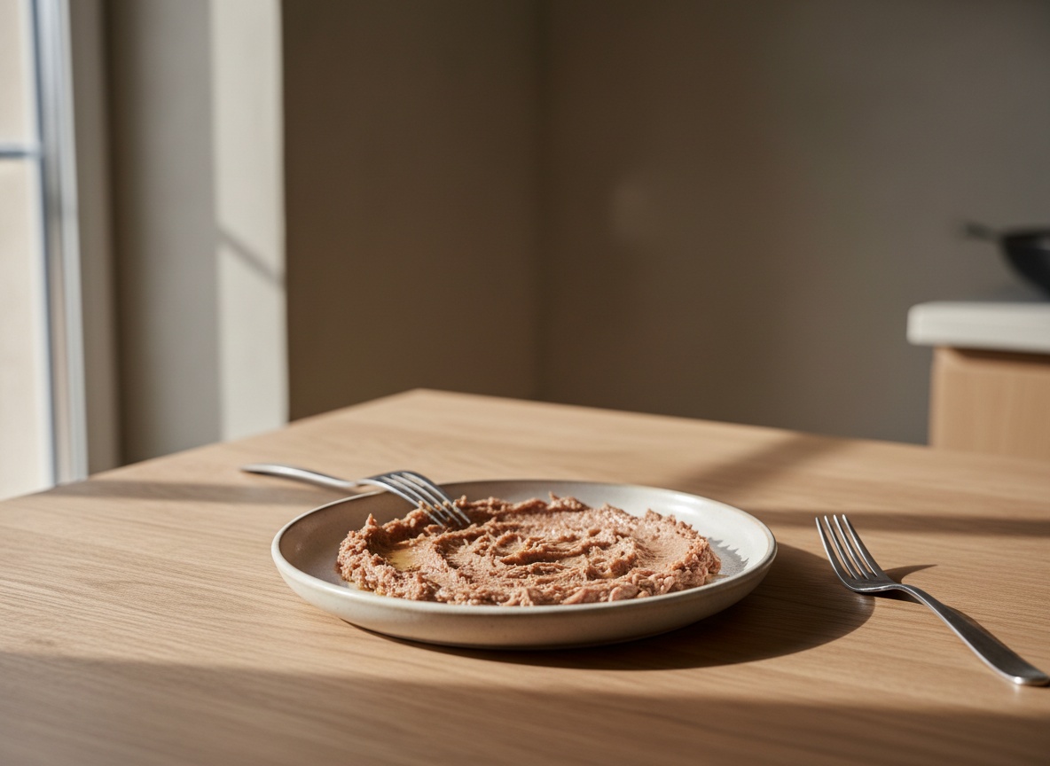 Carnes cocidas deshechas en hebras con dos tenedores sobre plato de cerámica, ligadas con un poco de caldo hasta formar una pasta jugosa.