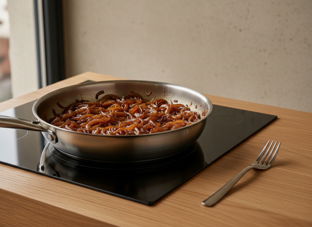 Cebolla caramelizada de color caoba uniforme en la sartén tras una cocción lenta y prolongada, con brillo suave.