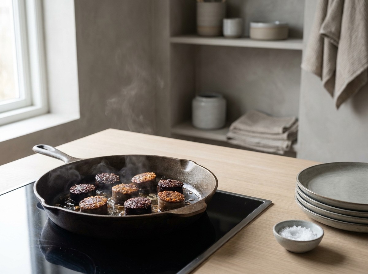 Rodajas de morcilla de Burgos friéndose crujientes