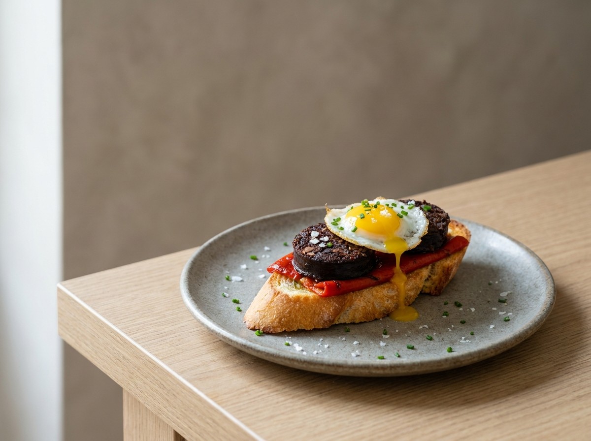 Morcilla de Burgos en plato de cerámica gris piedra: rodaja de morcilla frita sobre pimiento del piquillo, coronada con un huevo de codorniz de yema líquida.