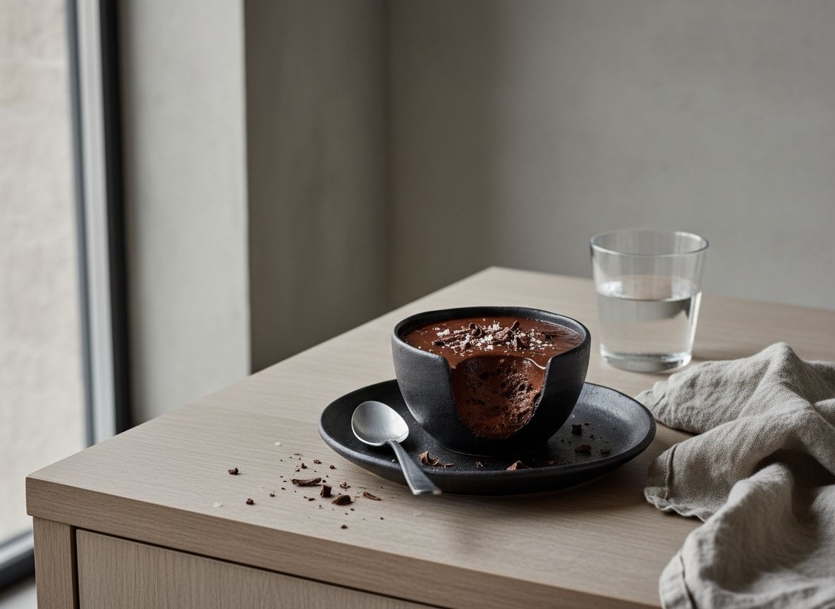 Copa o cuenco con mousse de chocolate negro aterciopelada coronada con escamas de sal y virutas de chocolate, sobre plato de gres negro mate, luz natural suave desde la izquierda.