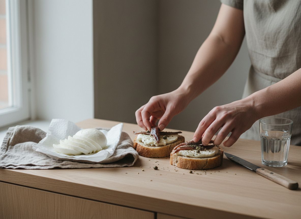 Reparte la mozzarella escurrida sobre 4 rebanadas, dejando 1 cm de margen libre en todo el perímetro