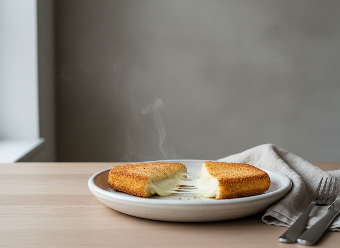 Mozzarella in carrozza dorada y crujiente cortada en diagonal con hilos de queso fundido estirándose entre las mitades, sobre papel en plato de cerámica blanco hueso