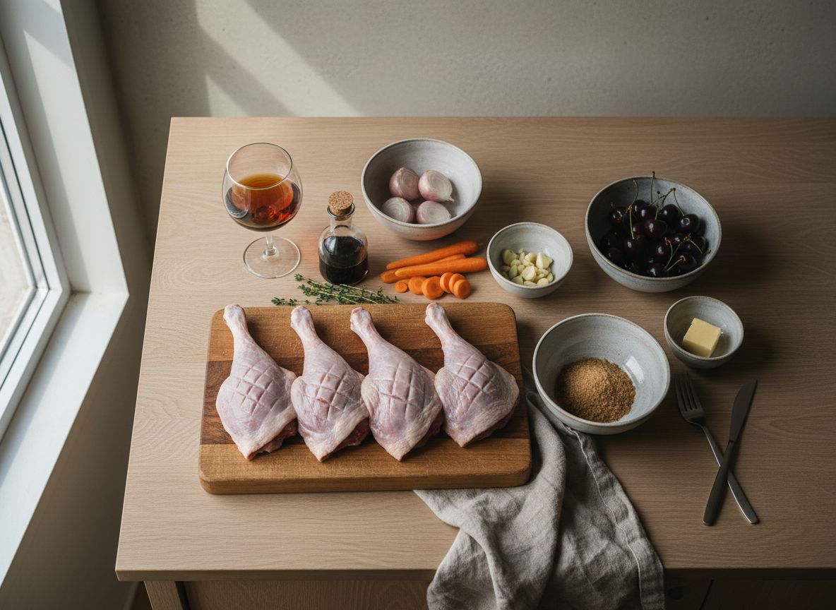 Mise en place del pato al oporto: muslos de pato con la piel rombeada, cerezas picotas, chalotas en cuartos, zanahoria en rodajas, bayas de enebro, tomillo y una botella de oporto tawny