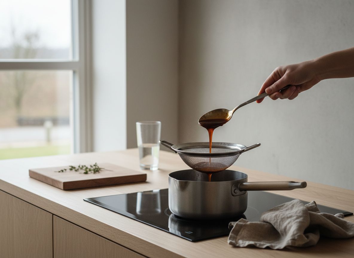 Salsa de oporto reducida montándose con dados de mantequilla fría fuera del fuego, oscura y brillante