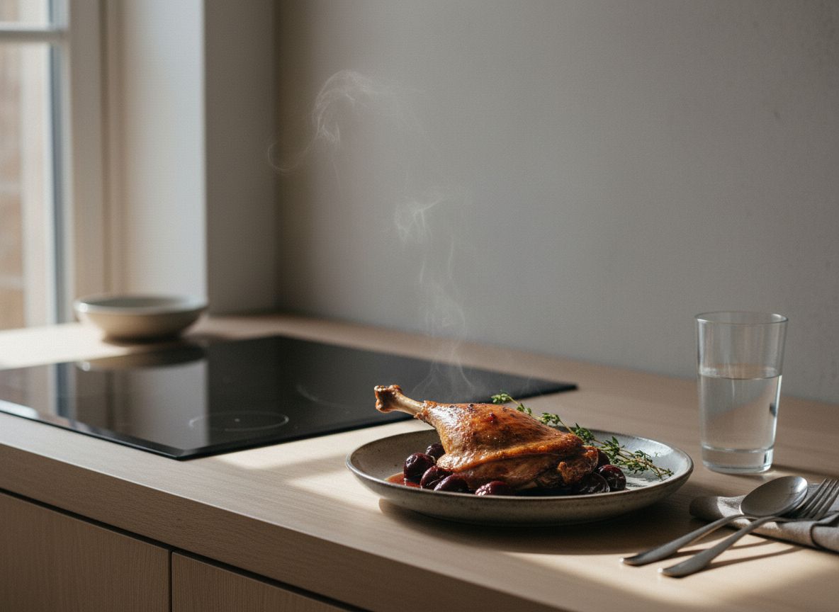 Muslo de pato braseado al oporto sobre plato de cerámica gris piedra: piel rombeada dorada y crujiente, carne cediendo del hueso, salsa oscura y brillante alrededor con cerezas picotas enteras, escamas de sal y hojas de tomillo limonero
