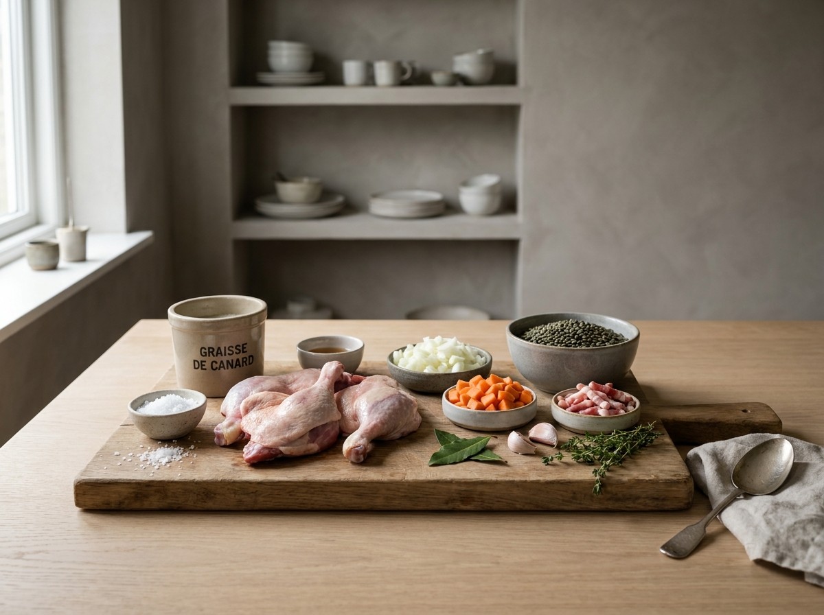 Ingredientes: muslos de pato, grasa de pato, lentejas de Le Puy, panceta y sofrito