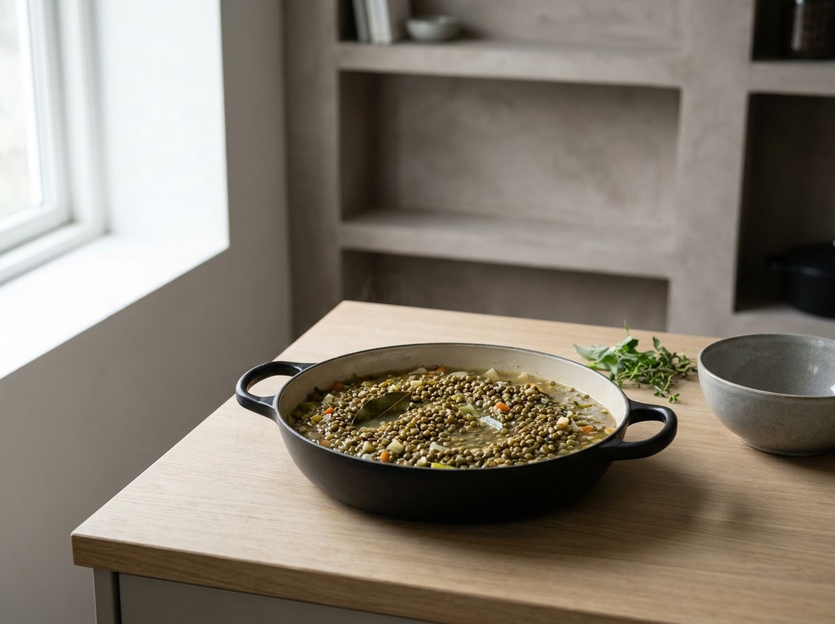 Lentejas de Le Puy cociéndose al dente con el sofrito