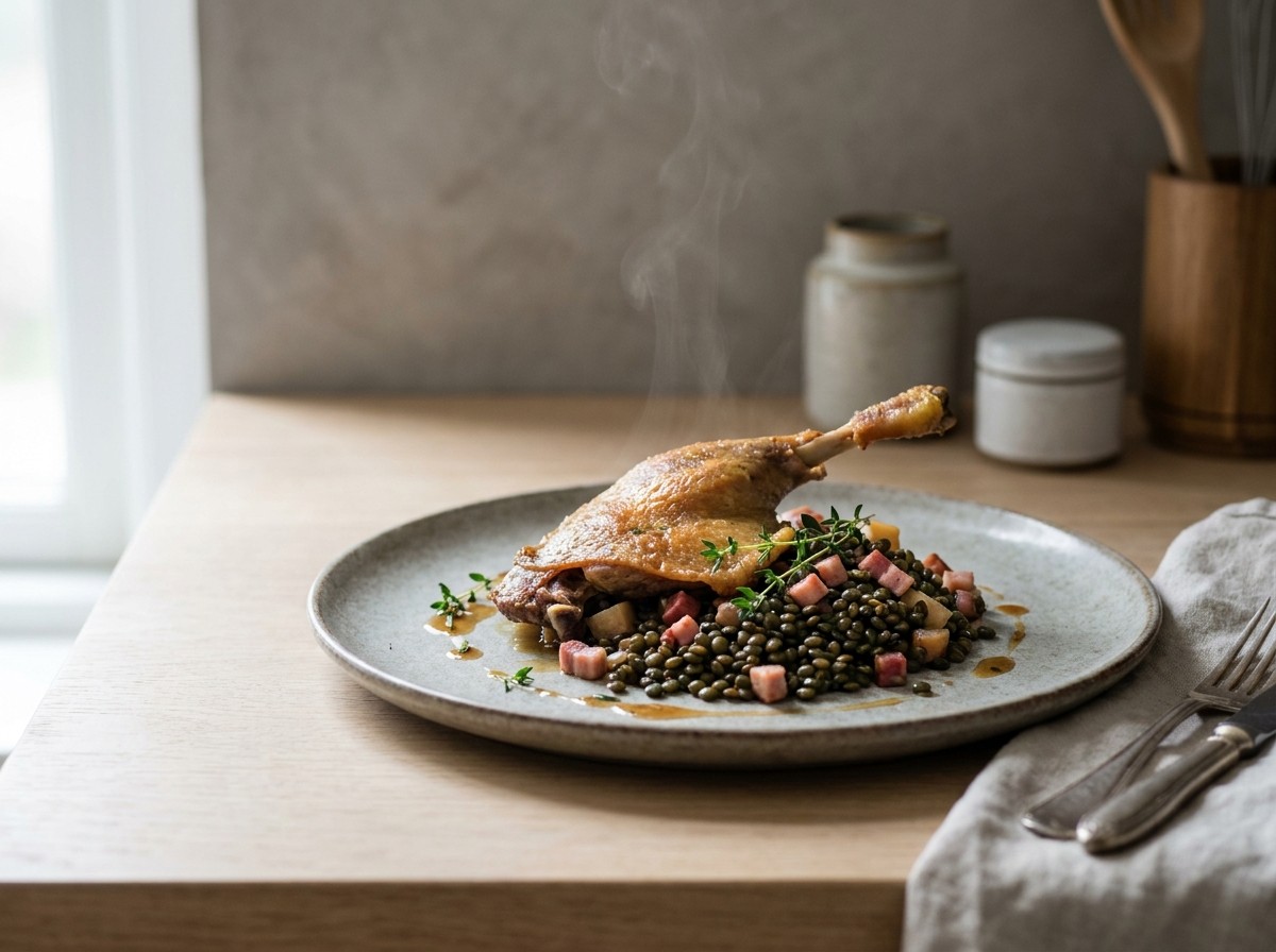 Muslo de pato confitado en plato de cerámica gris piedra: pato con piel crujiente sobre lentejas verdes de Le Puy con sofrito.