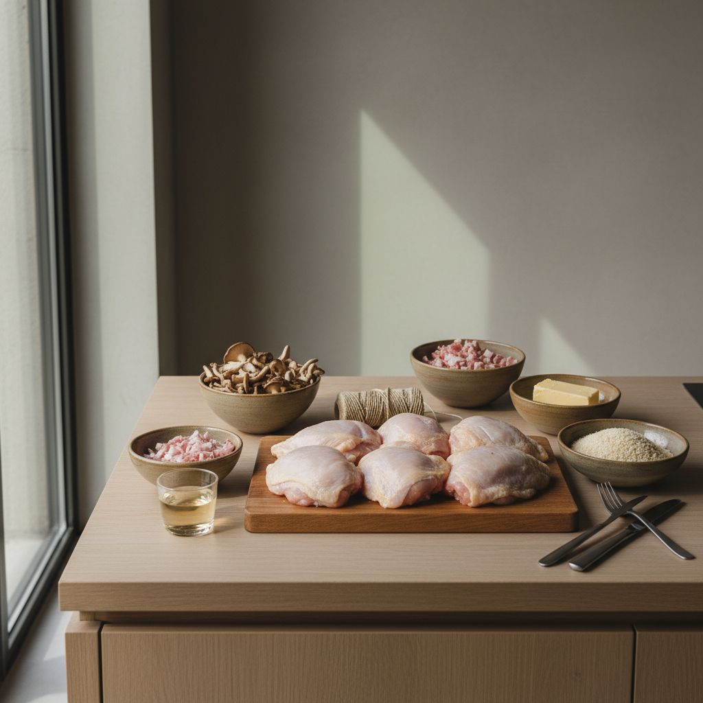 Mise en place de la ballotine: muslos de pollo deshuesados abiertos en libro con la piel intacta, setas de temporada, boletus secos, jamón ibérico en dados, chalotas, miga de pan y una copa de jerez fino