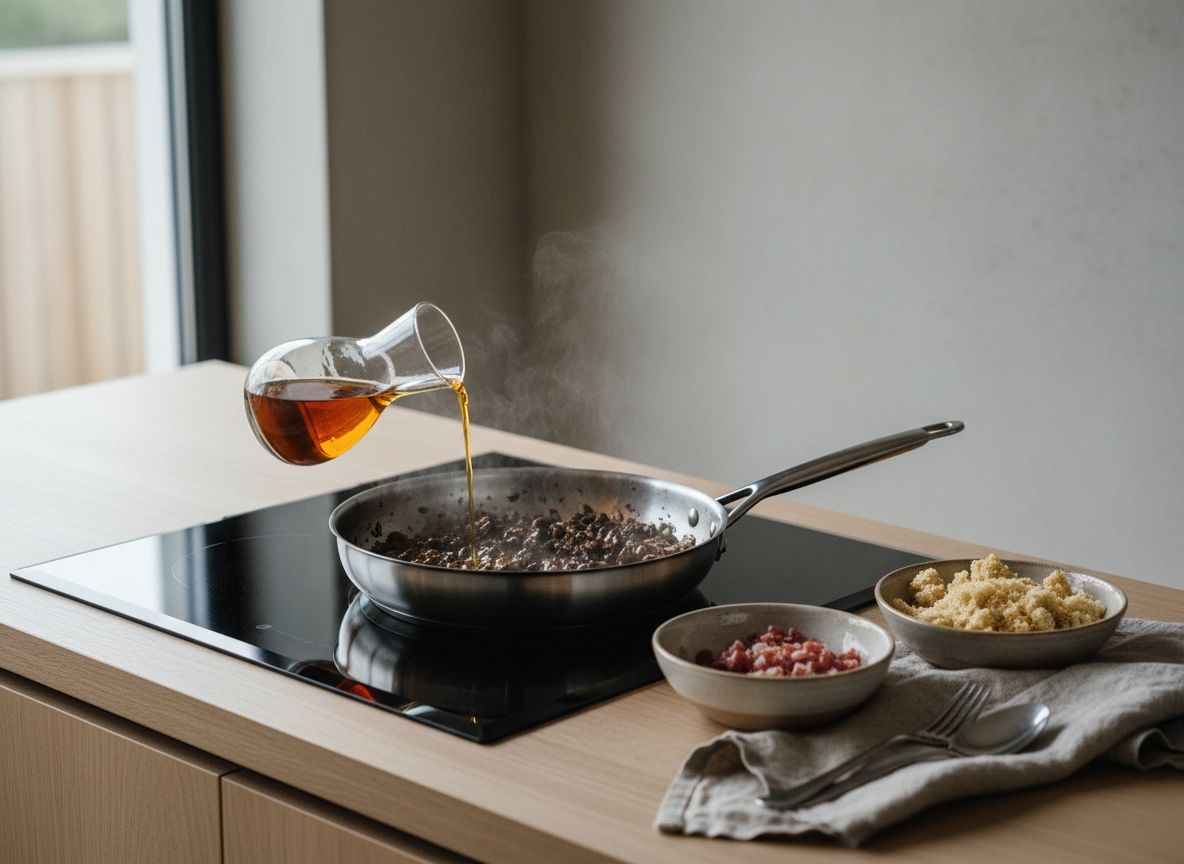 Duxelles fuera del fuego mezclándose con los dados de jamón ibérico, la miga de pan y las hierbas picadas