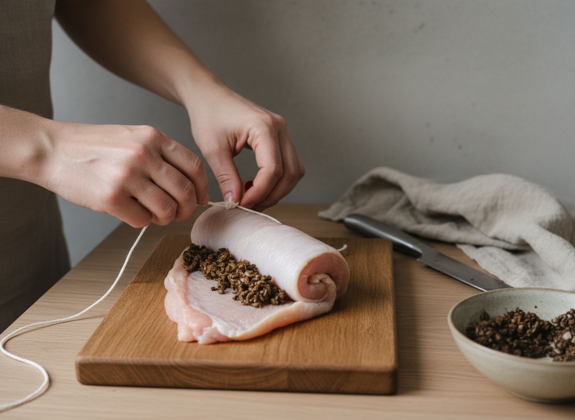 Muslo de pollo enrollándose sobre la línea de relleno y envolviéndose en film transparente en forma de caramelo