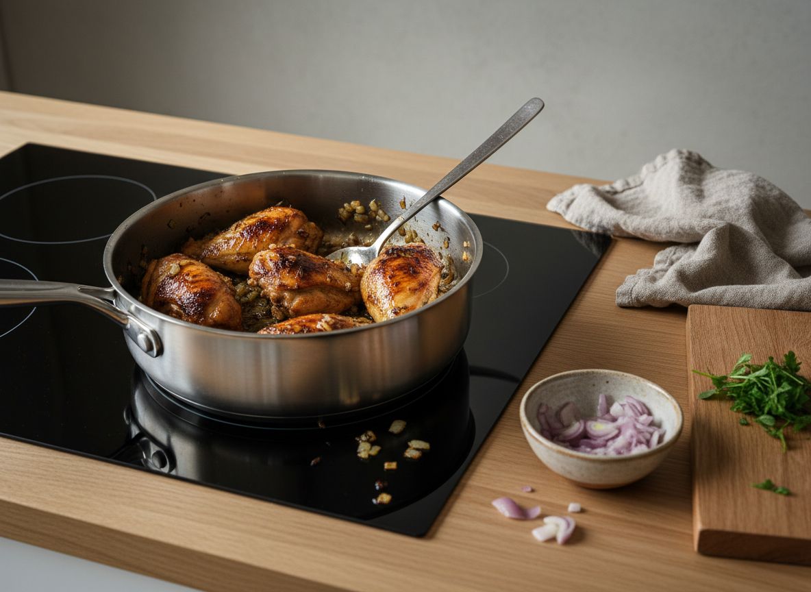 Huesos de pollo dorados desglasándose con jerez oloroso en el cazo para la salsa