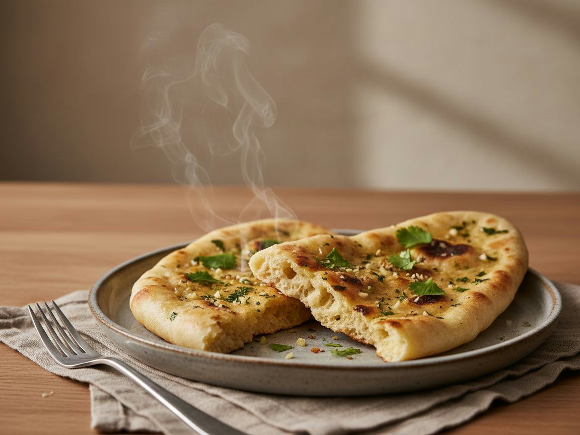 Naan inflado y ampollado con manchas tostadas, pincelado de mantequilla brillante con ajo dorado y cilantro fresco picado, sobre plato junto a un cuenco de curry