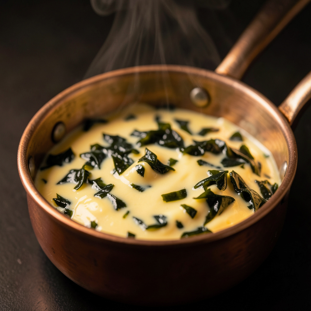 Mantequilla de algas wakame con puntos verdes de alga picada, untuosa y brillante en cazito de cobre