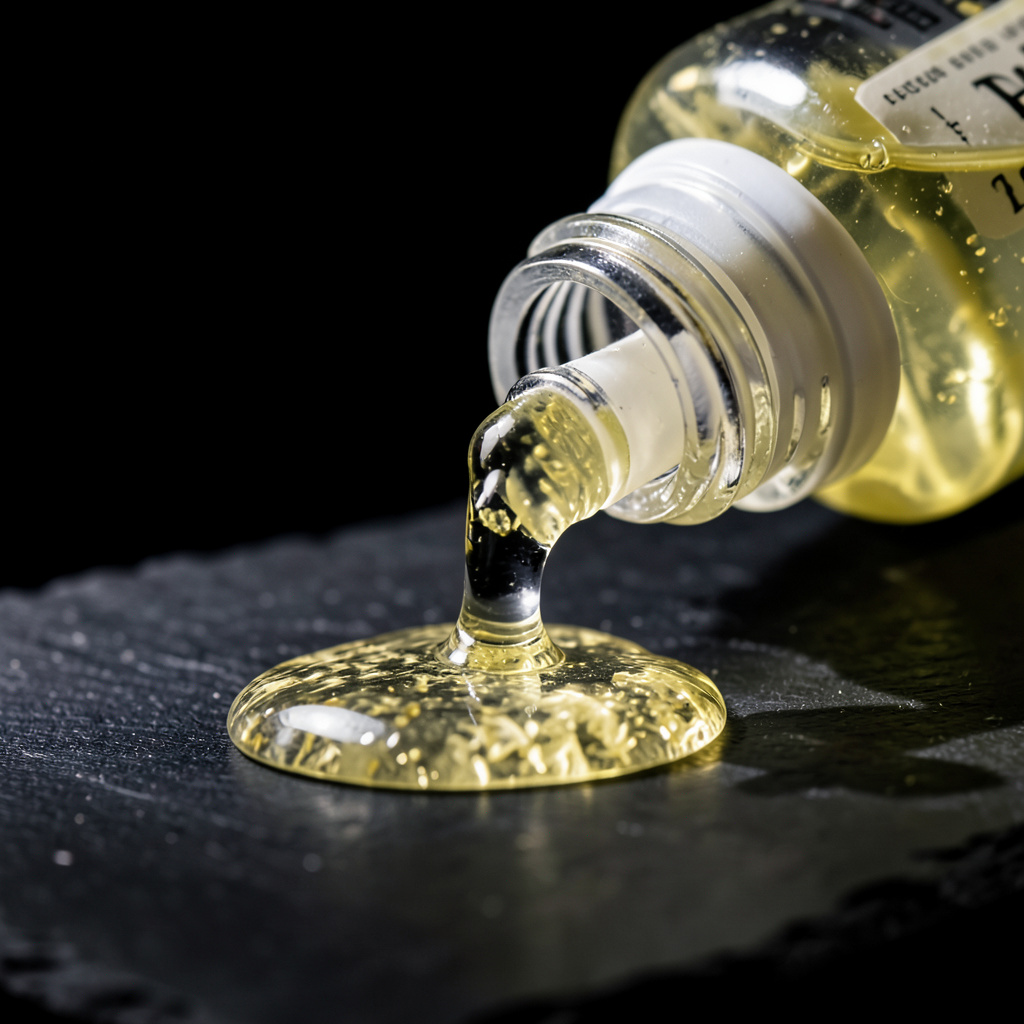 Fluid gel de limón encurtido en biberón: gel translúcido amarillo pálido sobre superficie negra