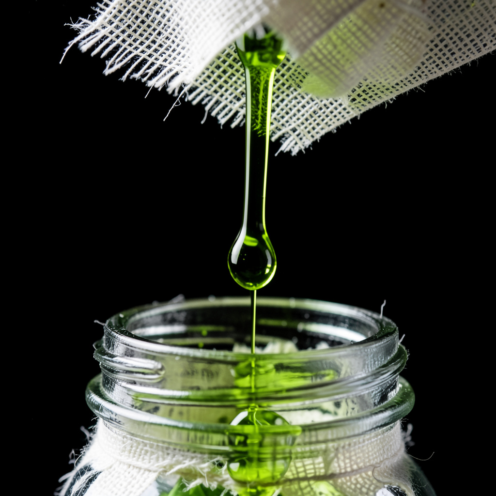 Aceite de cebollino verde esmeralda colándose por estameña en tarro, gota brillante cayendo sobre fondo oscuro