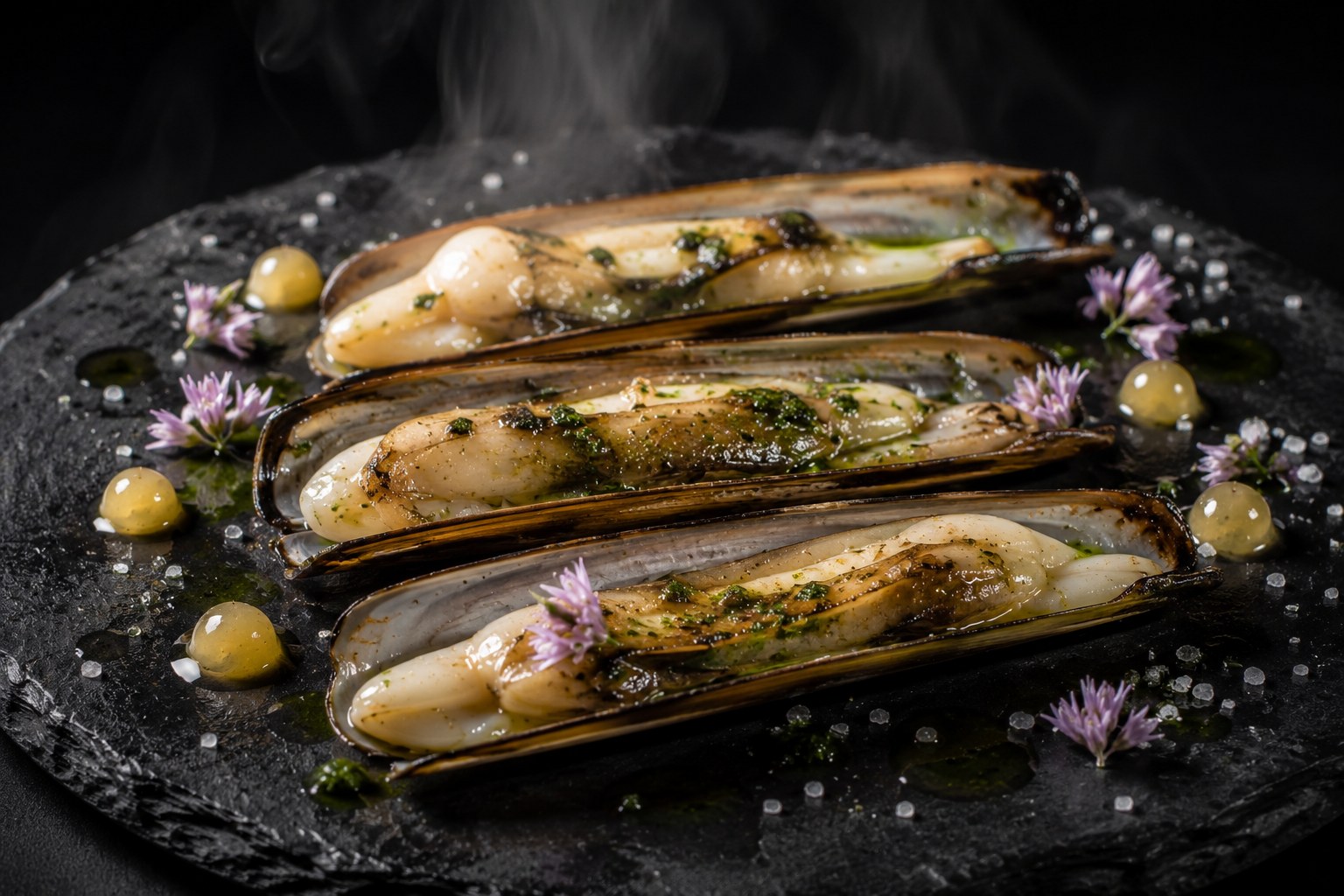 Navajas del Atlántico abiertas en su concha sobre llama directa con mantequilla de algas wakame verde y gel de limón encurtido dorado en plato de pizarra negra