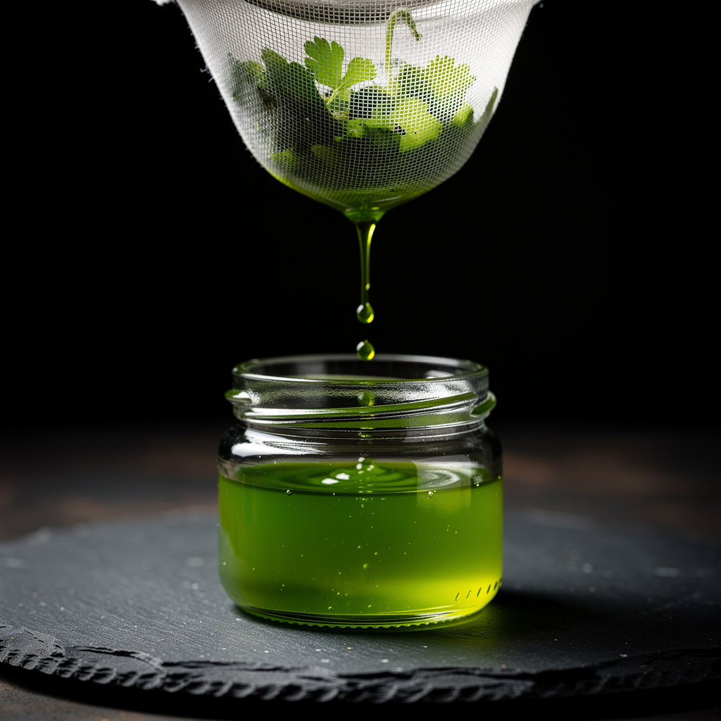 Aceite de perejil verde esmeralda colándose por malla fina en tarro de cristal — gota de color esmeralda puro cayendo sobre fondo negro