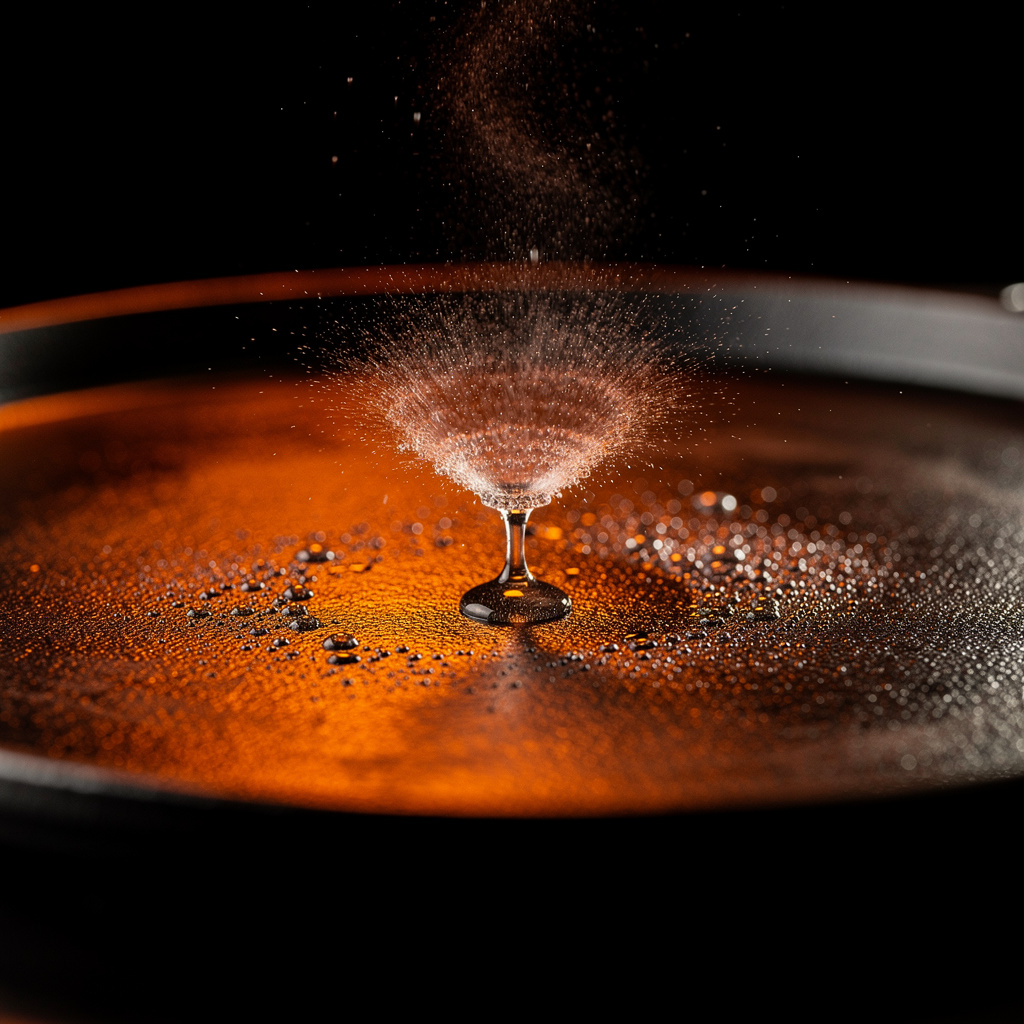 Efecto Leidenfrost en plancha de hierro al rojo vivo: gota de agua levitando sobre colchón de vapor en superficie incandescente a más de 220°C