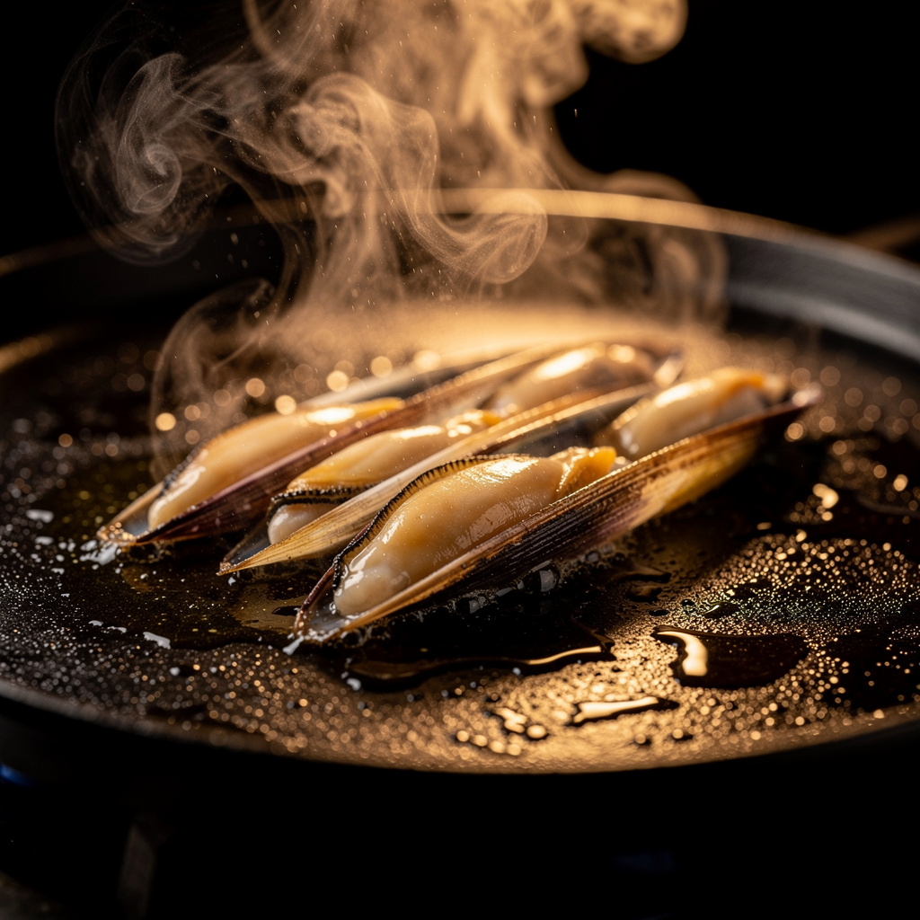 Navajas abriéndose en plancha a máxima temperatura con humo aromático — 25 segundos exactos de cocción