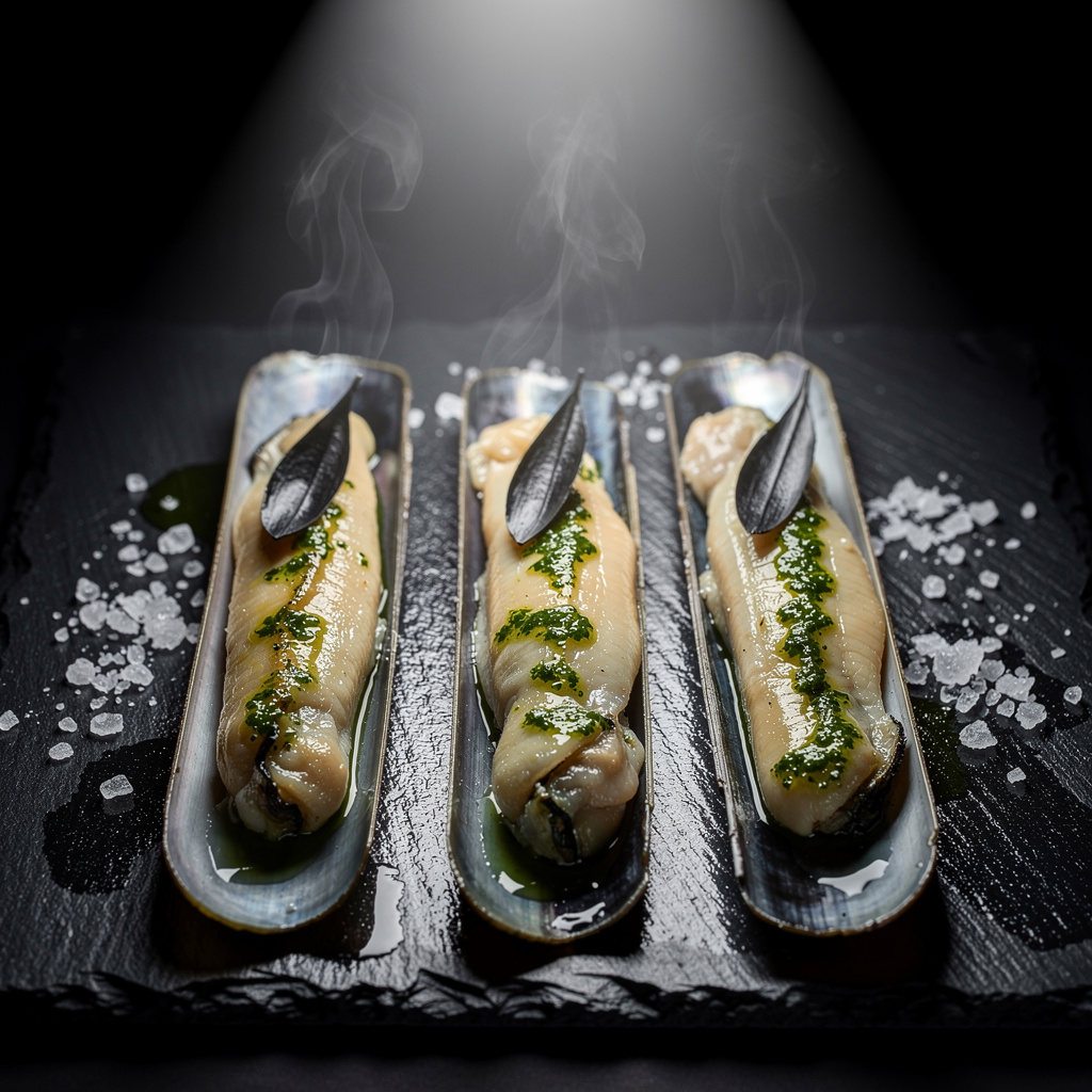 Navaja a la plancha con aceite de perejil y ajo negro fermentado