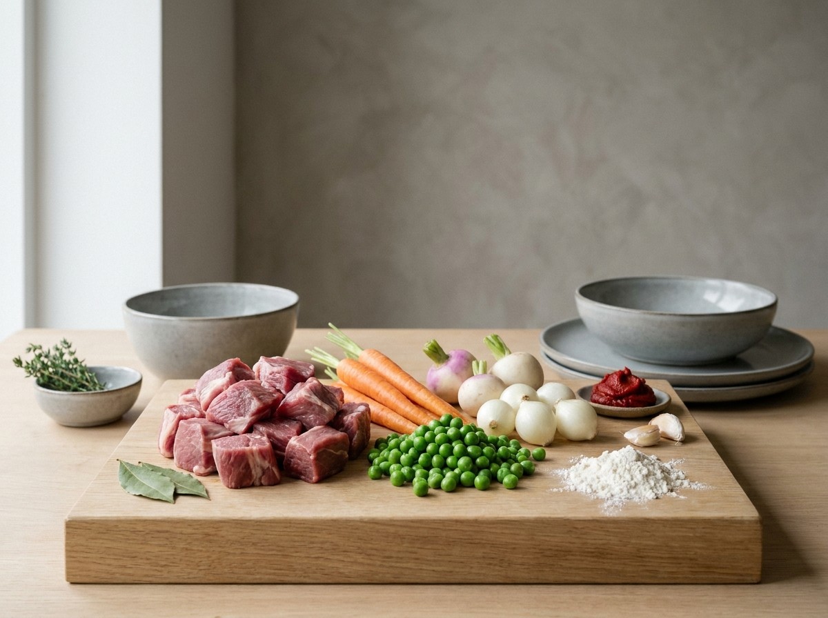 Ingredientes: cordero, zanahorias, nabos, cebollitas y guisantes baby, tomate y hierbas