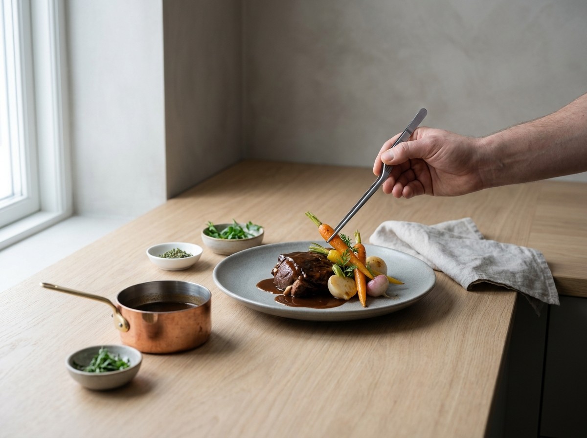 Emplatado del navarin con verduras coronando el cordero