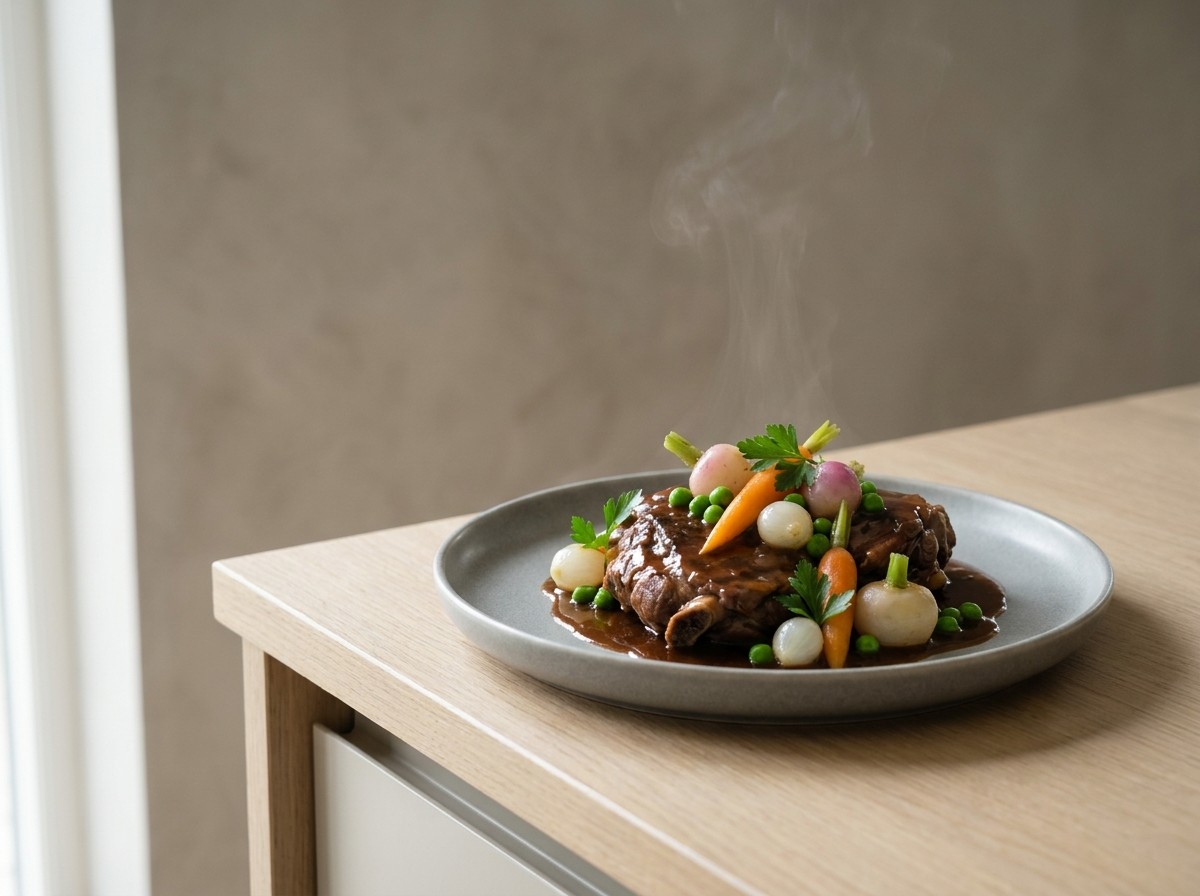 Navarin de cordero primaveral en plato de cerámica gris piedra: cordero meloso en salsa con verduras baby (zanahoria, nabo, guisante, cebollita) y perejil.