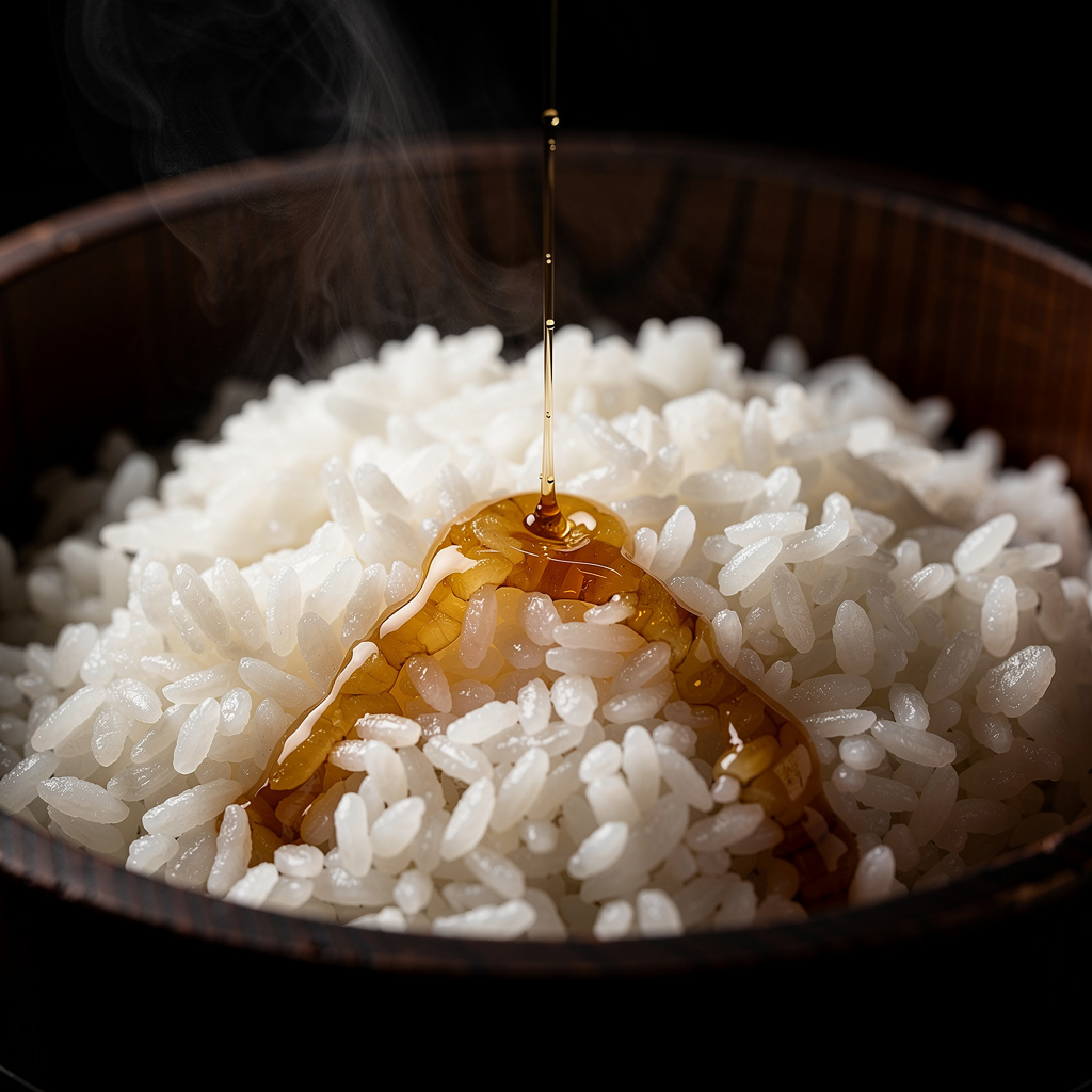 Arroz de sushi aliñado con vinagre en bol de madera, brillante y a 37°C