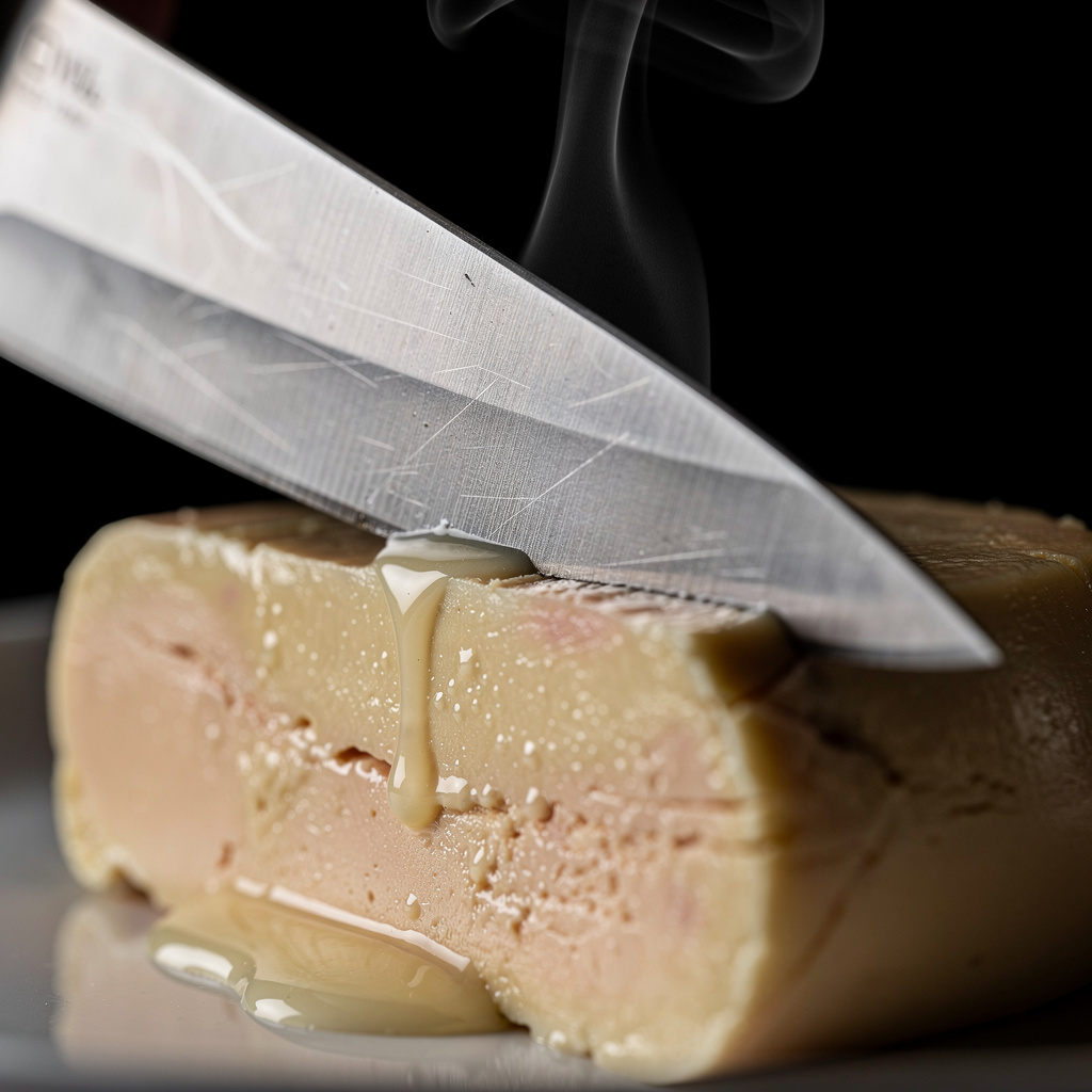 Láminas de foie gras micuit cortadas con cuchillo caliente junto a polvo oscuro de aceituna negra
