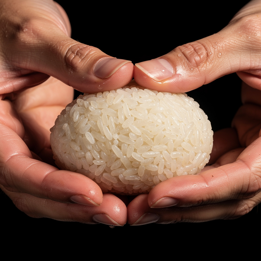 Manos formando el óvalo de 18g de arroz de sushi a temperatura corporal
