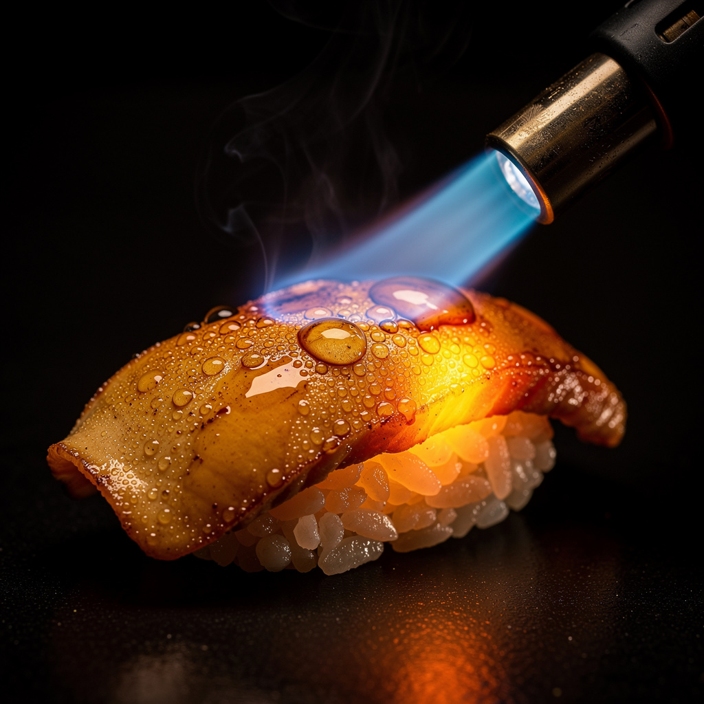 Soplete profesional caramelizando la superficie del foie gras durante 3 segundos exactos
