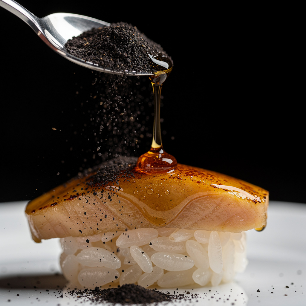 Gota de miel de trufa y nube de polvo de aceituna negra cayendo sobre el nigiri