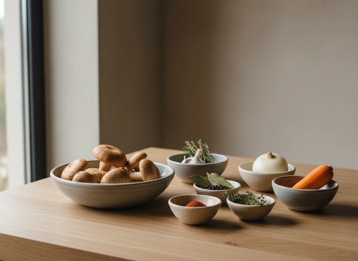 Bodegón de mise en place sobre encimera de piedra gris: níscalos de sombrero cerrado en un cuenco ancho, ajo, laurel, pimienta en grano, pimentón, tomillo, una cebolla y una zanahoria, cada uno en su cuenco gris.