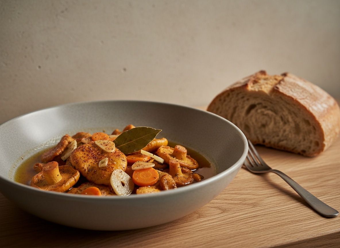 Cuenco de cerámica gris piedra con níscalos en escabeche, sombreros naranja teñidos de pimentón, láminas de ajo y hojas de laurel bajo un aceite ámbar