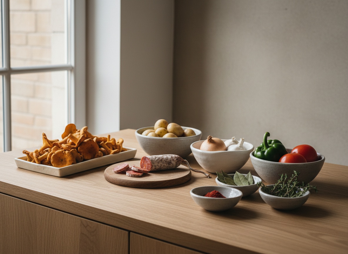Bodegón de mise en place sobre encimera de piedra: níscalos enteros de sombrero anaranjado en una bandeja, patatas, chorizo, cebolla, ajo, pimiento verde, tomate y cuencos gris piedra con pimentón, laurel y tomillo.