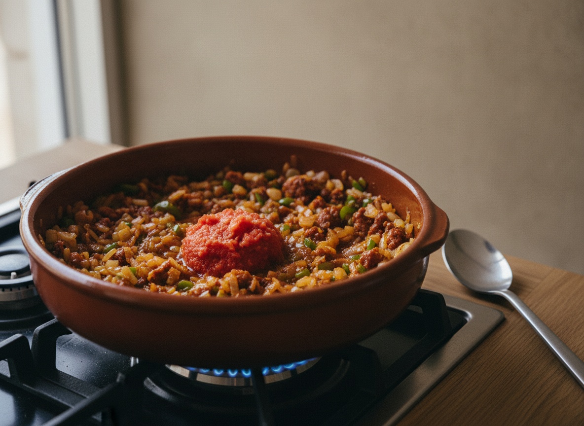 Sofrito de cebolla, pimiento verde y ajo picados finos en la cazuela de barro sobre la placa con llama, teñido de rojo por la grasa del chorizo, con el tomate rallado recién añadido en el centro.