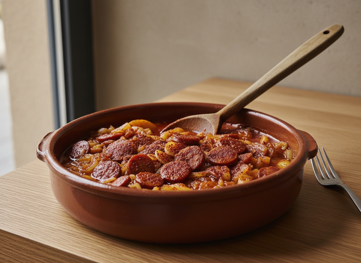 Cazuela de barro apartada de la llama con sofrito rojo de cebolla, ajo y chorizo; pimentón de la Vera recién espolvoreado sobre el sofrito, de color rojo intenso, y una cuchara de madera apoyada dentro.