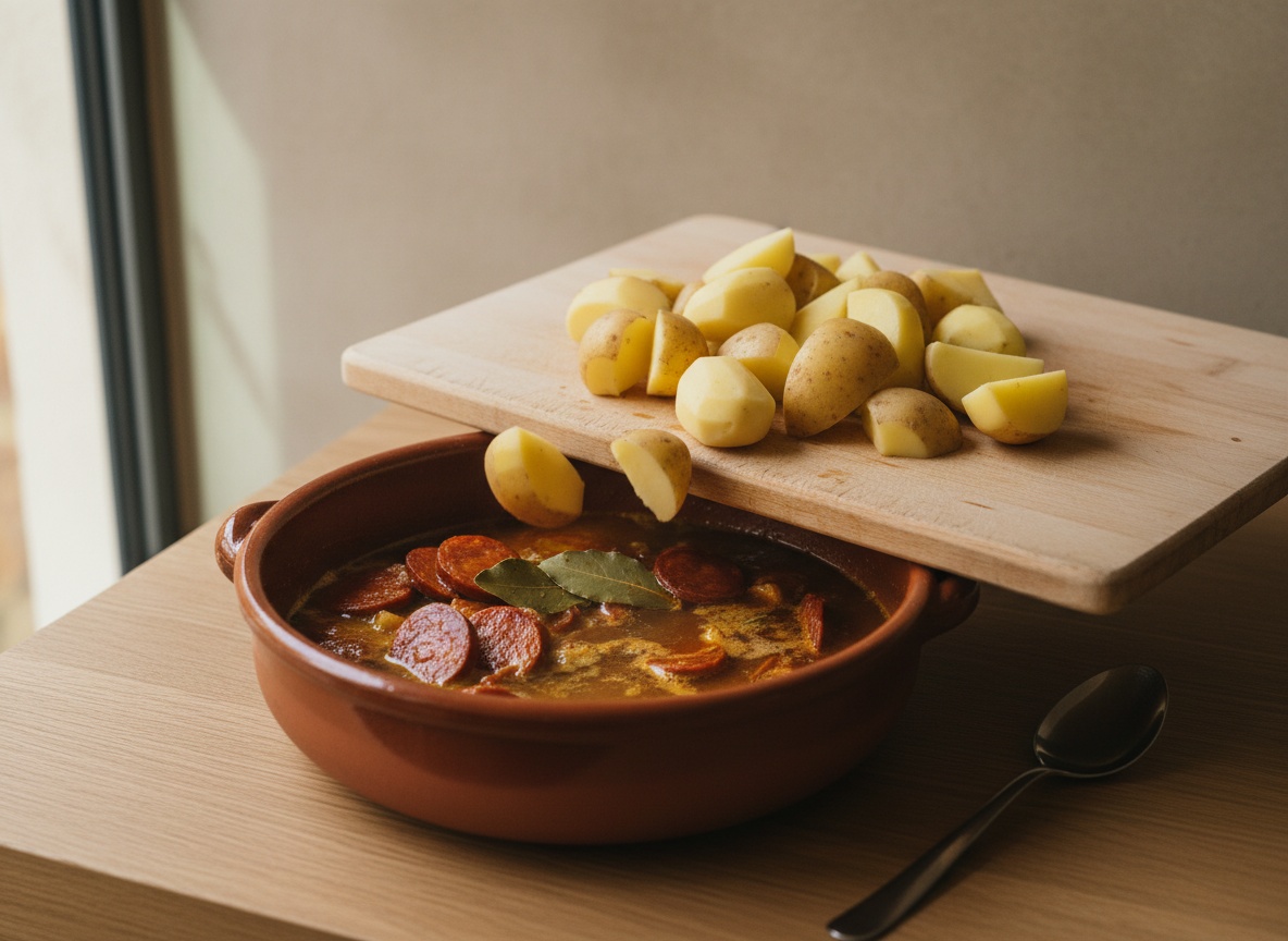 Cazuela de barro con chorizo, laurel y sofrito; patatas peladas cascadas en trozos irregulares de bordes rotos cayendo dentro desde una tabla de madera inclinada sobre el borde, caldo caliente que aún no las cubre.