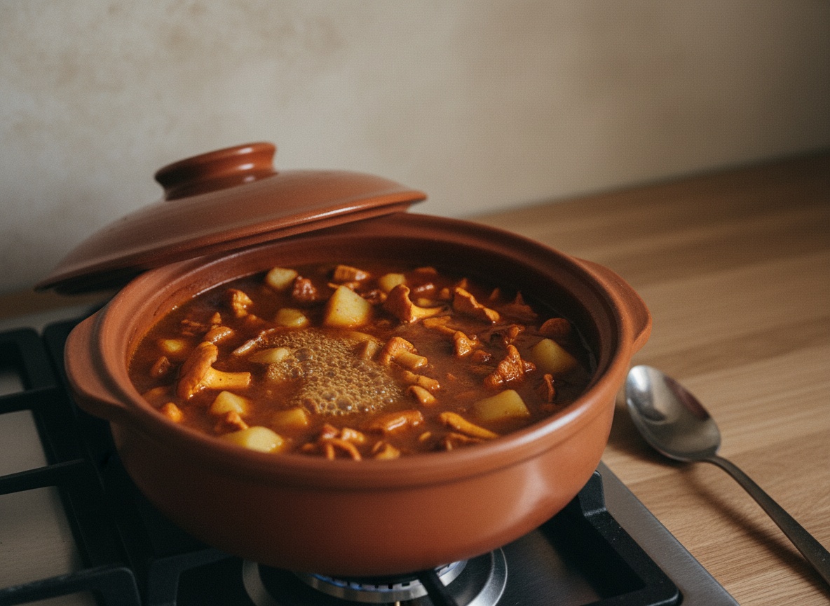 Cazuela de barro tapada a medias sobre la placa con llama, guiso a hervor suave, níscalos anaranjados y patatas asomando en un caldo rojizo y ligado, burbujas pequeñas rompiendo en la superficie.