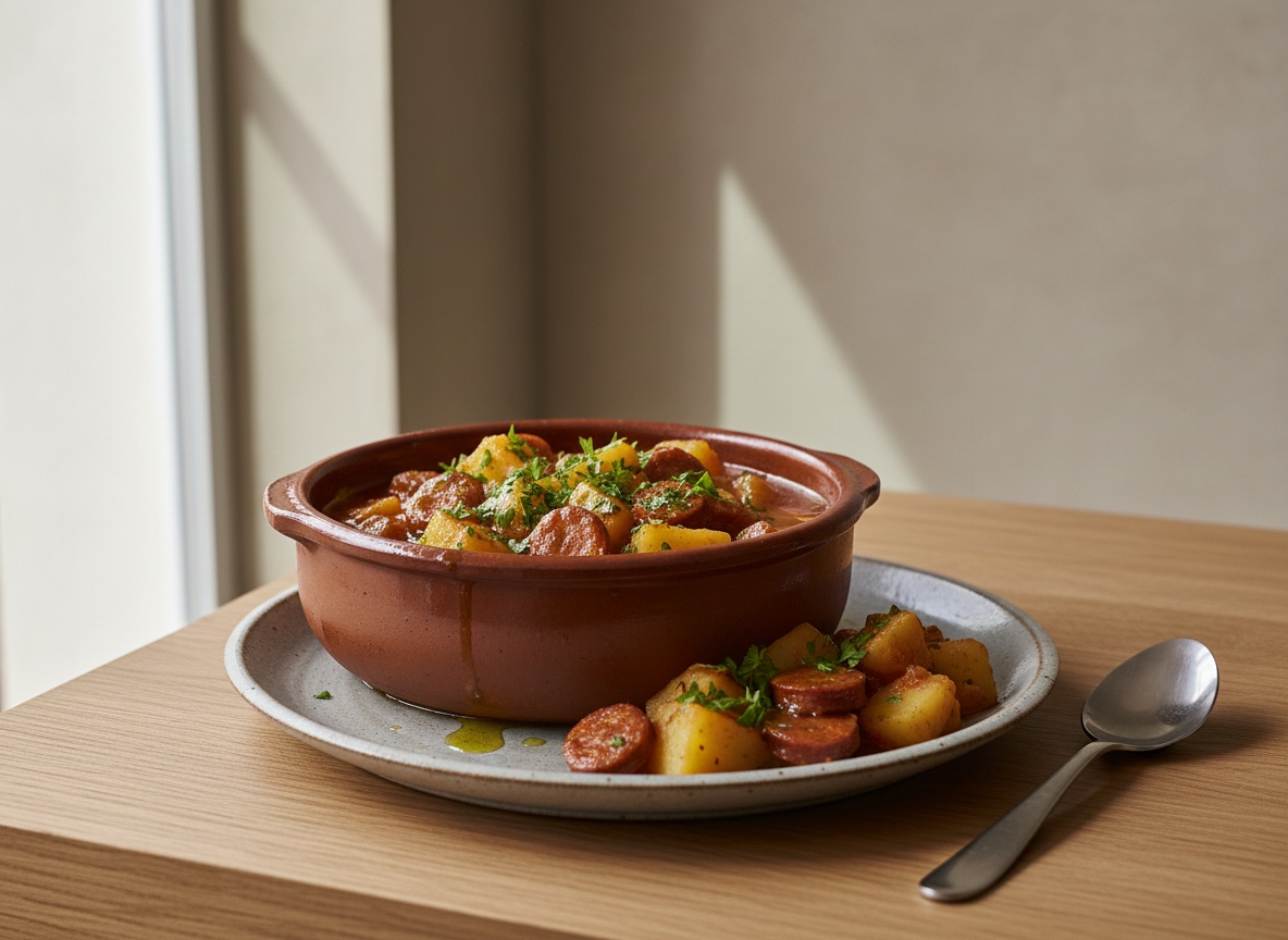 Cazuela de barro con níscalos guisados, patata cascada y rodajas de chorizo en caldo rojizo ligado, perejil picado por encima, junto a un plato hondo gris.