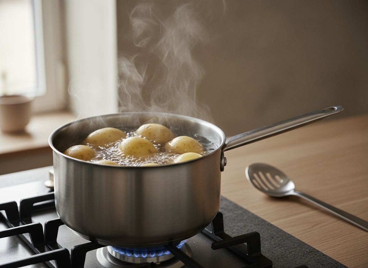 Olla de acero con patatas enteras con piel cociendo en agua a hervor moderado sobre la placa con llama, vapor subiendo, vista de tres cuartos en cocina con encimera de piedra gris, sin manos.