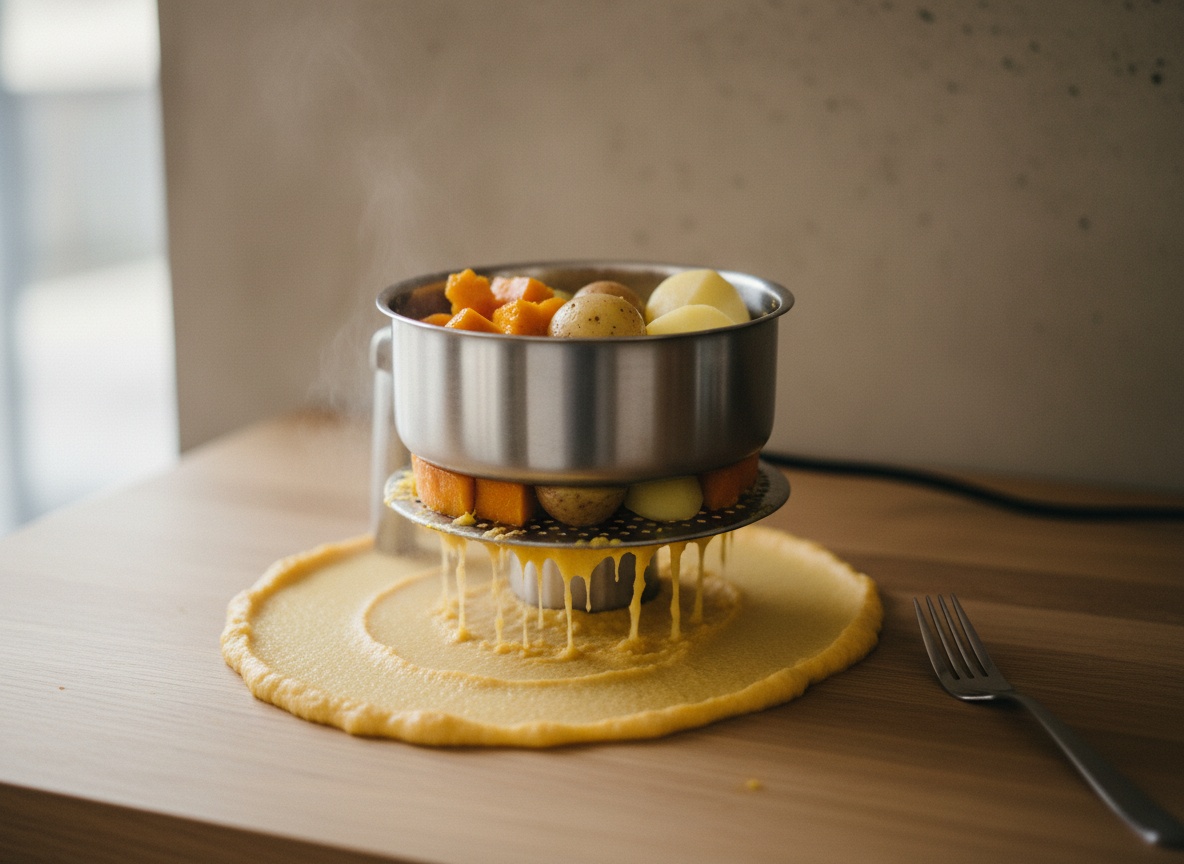Manos pasando pulpa de calabaza asada anaranjada y patata caliente por un pasapurés sobre la mesa de trabajo; debajo, una capa fina de puré extendida soltando vapor.