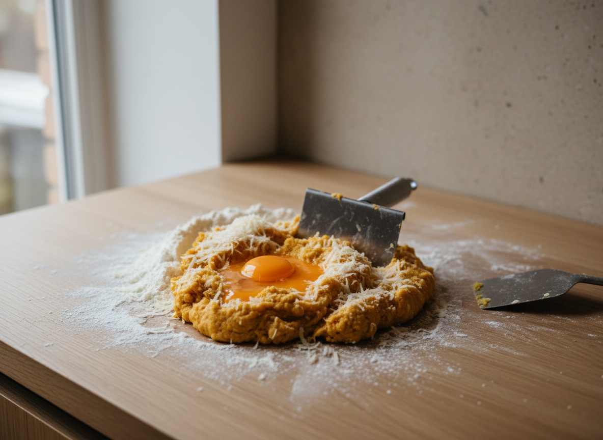 Mesa enharinada con puré de calabaza naranja, harina, una yema y parmesano rallado a medio unir con una rasqueta metálica clavada en la masa; masa naranja pálida en formación, todavía desigual.