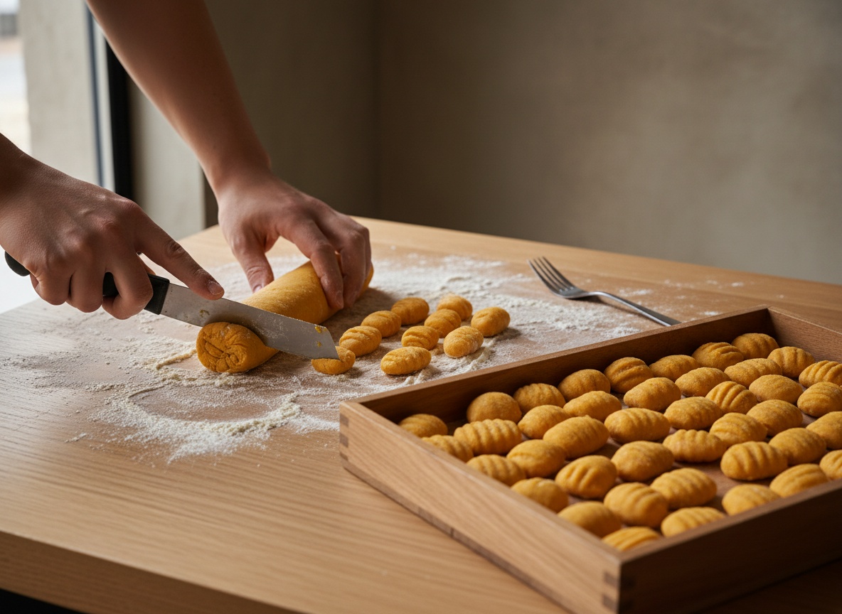 Manos rodando un cilindro de masa naranja sobre la mesa enharinada y cortándolo en trozos con la rasqueta; a un lado, ñoquis ya marcados con tenedor en una bandeja enharinada.