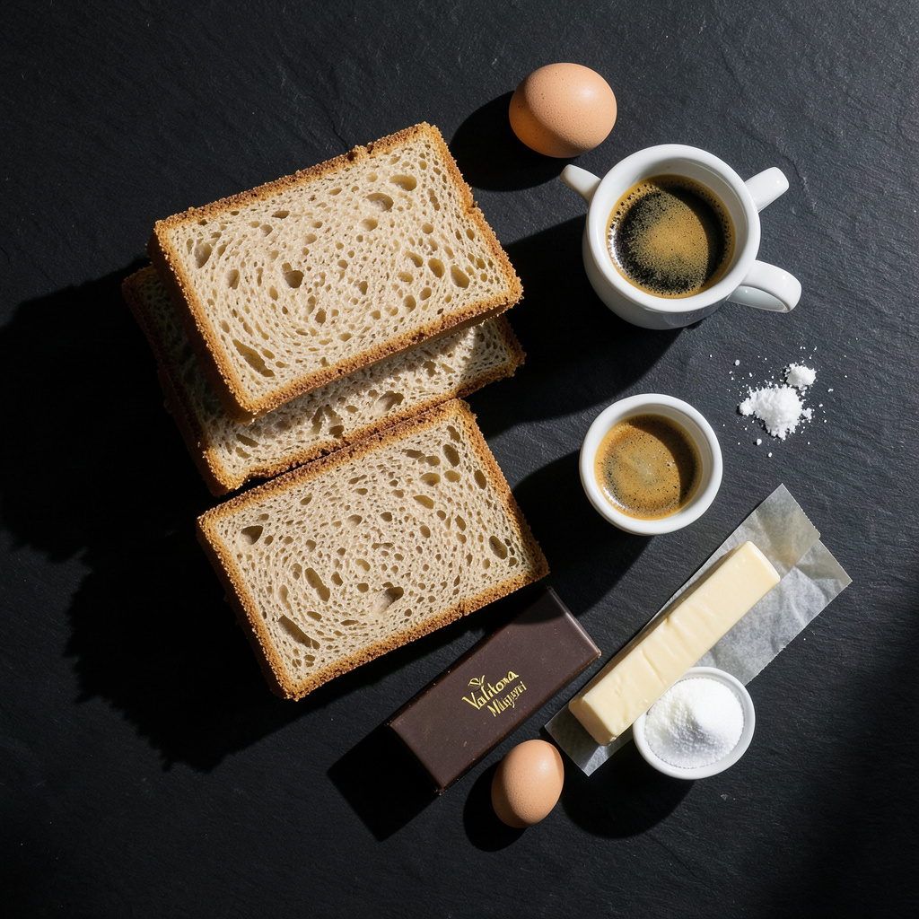 Ingredientes Opera Cake: joconde, café de Etiopía, chocolate Valrhona Manjari 64%, mantequilla, huevos